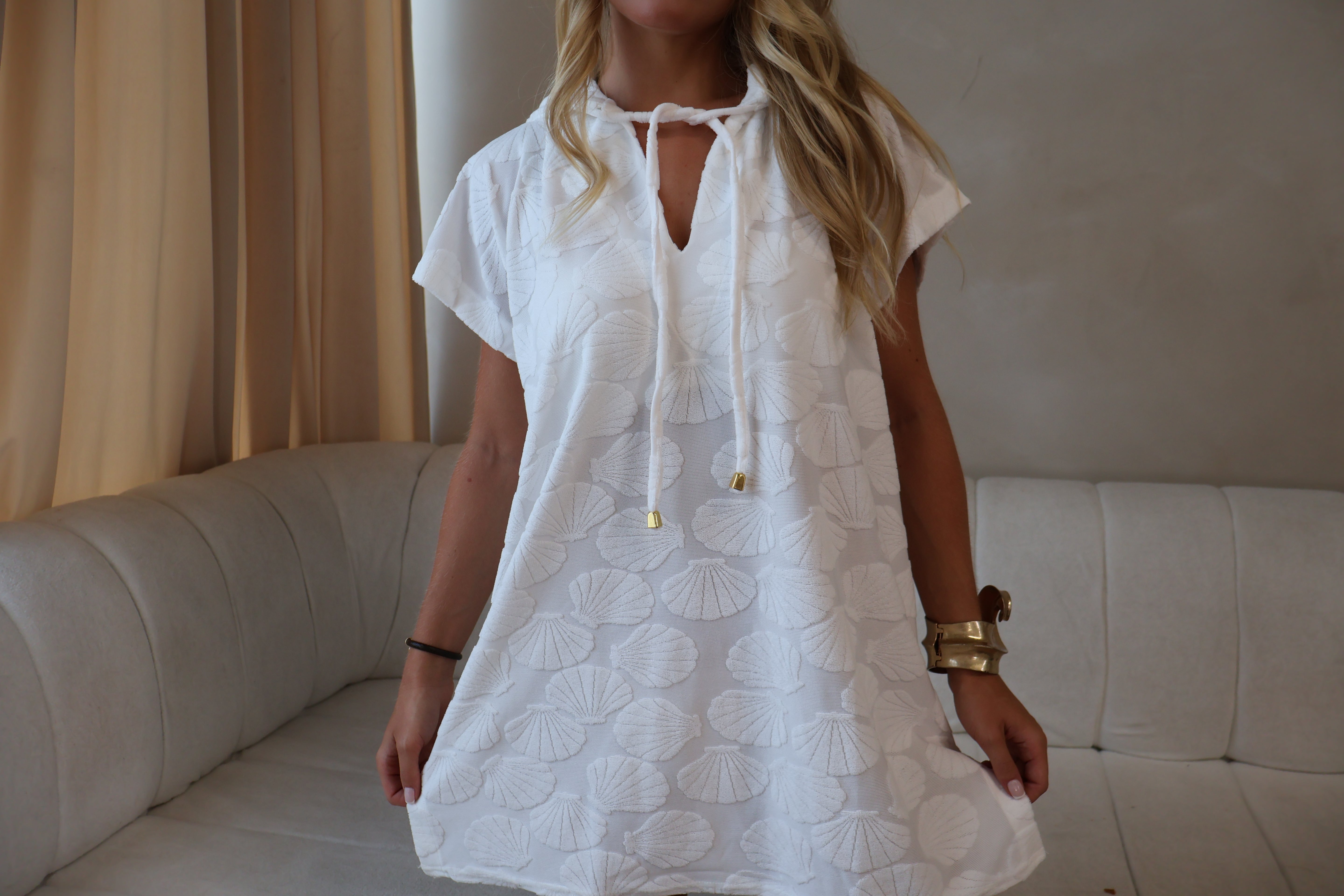 Shell-Embroidered White Poncho