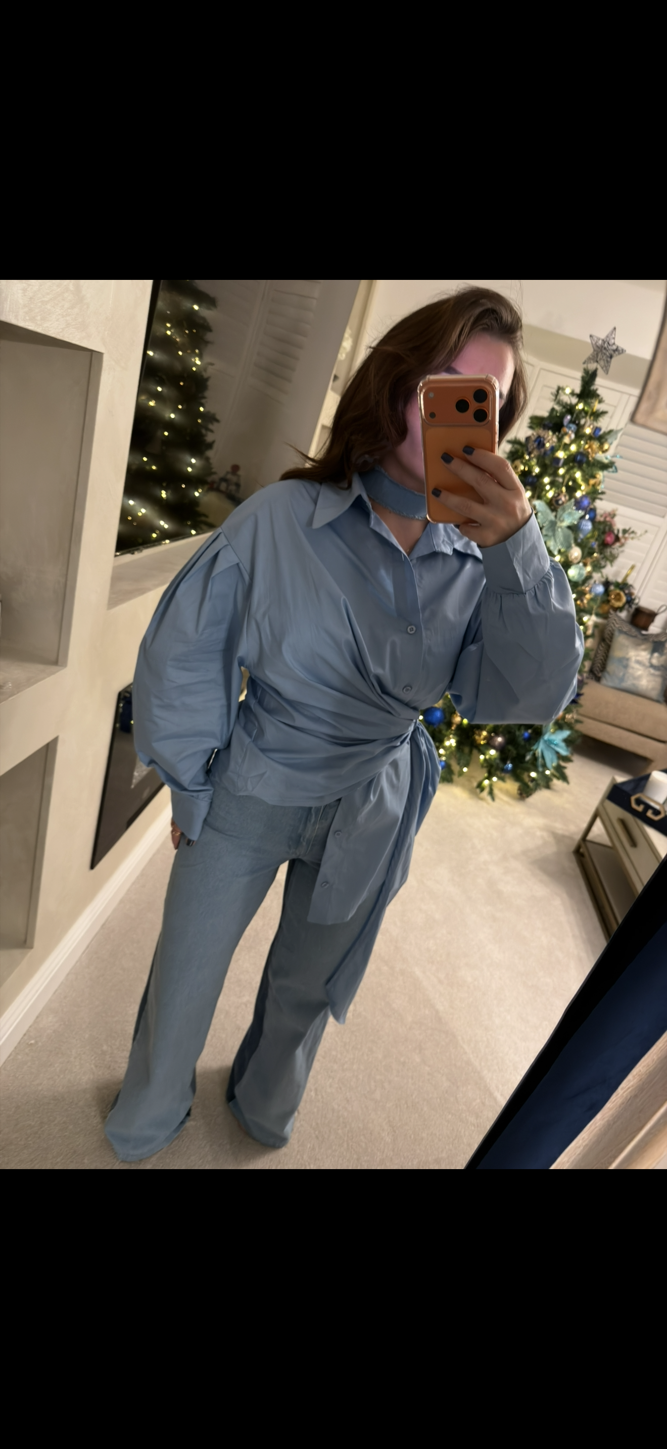 Blue wrap puff sleeve shirt