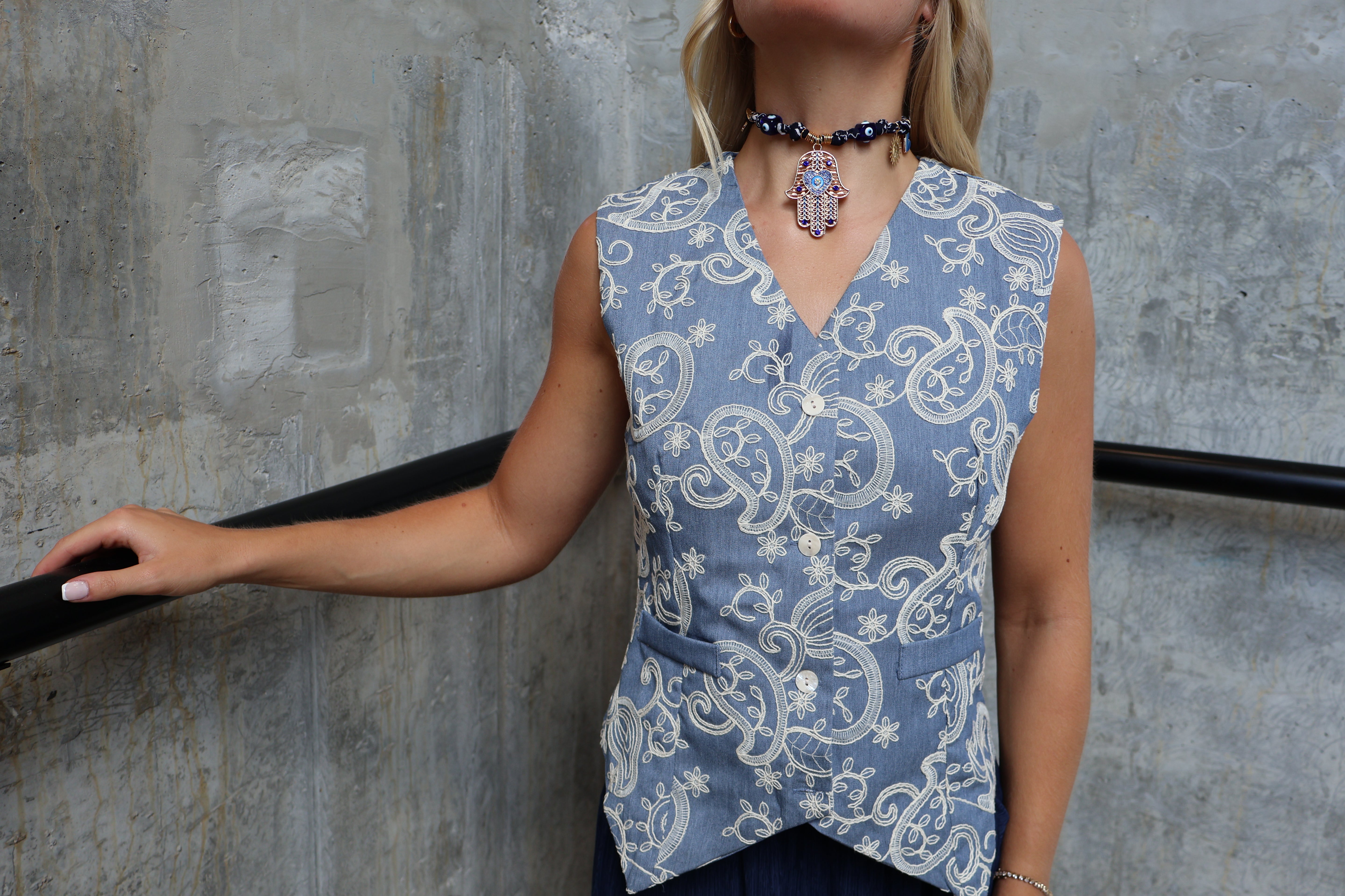 Paisley Embroidered Denim Waistcoat