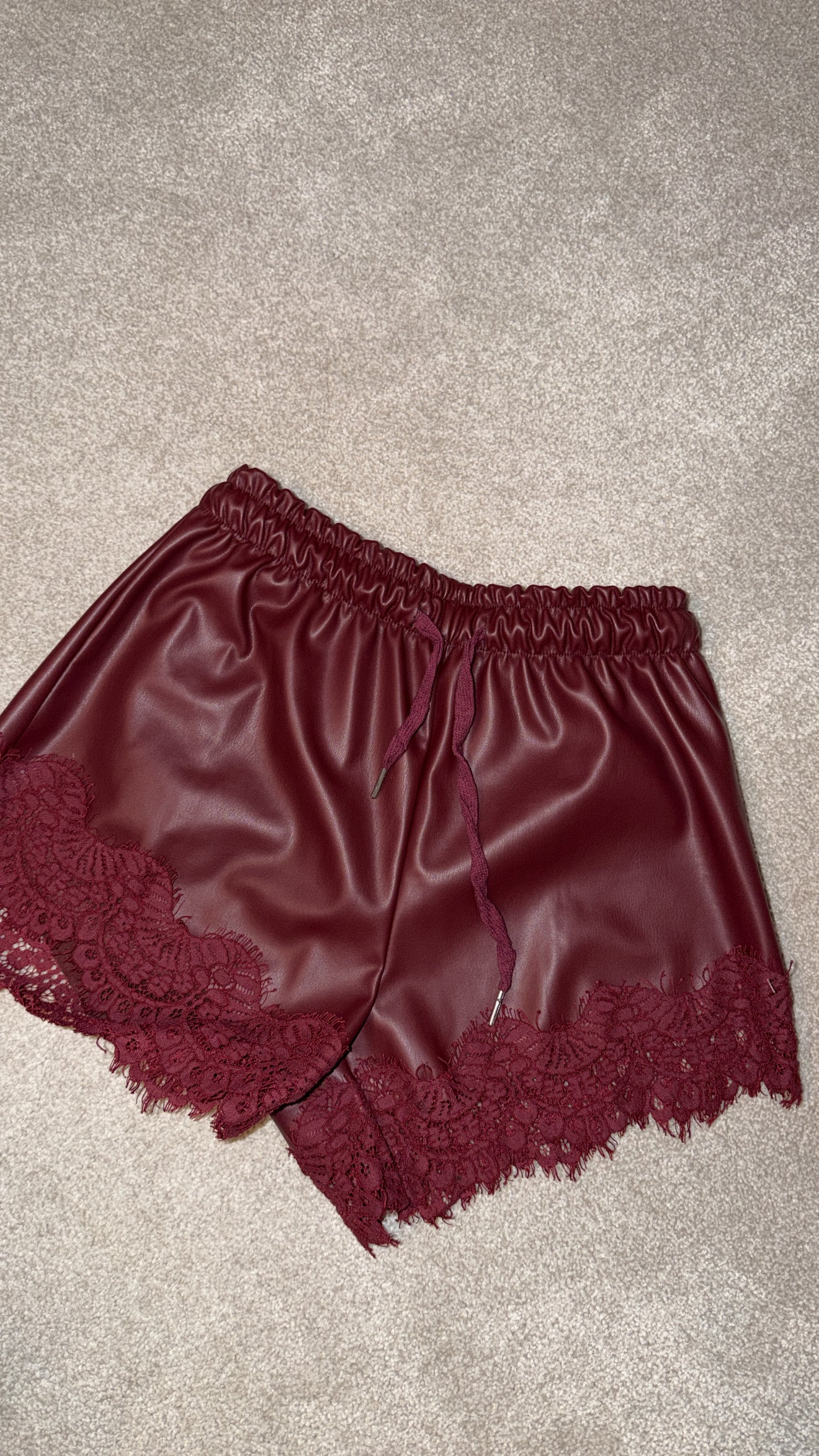 Burgundy Faux Leather Lace Hem Shorts