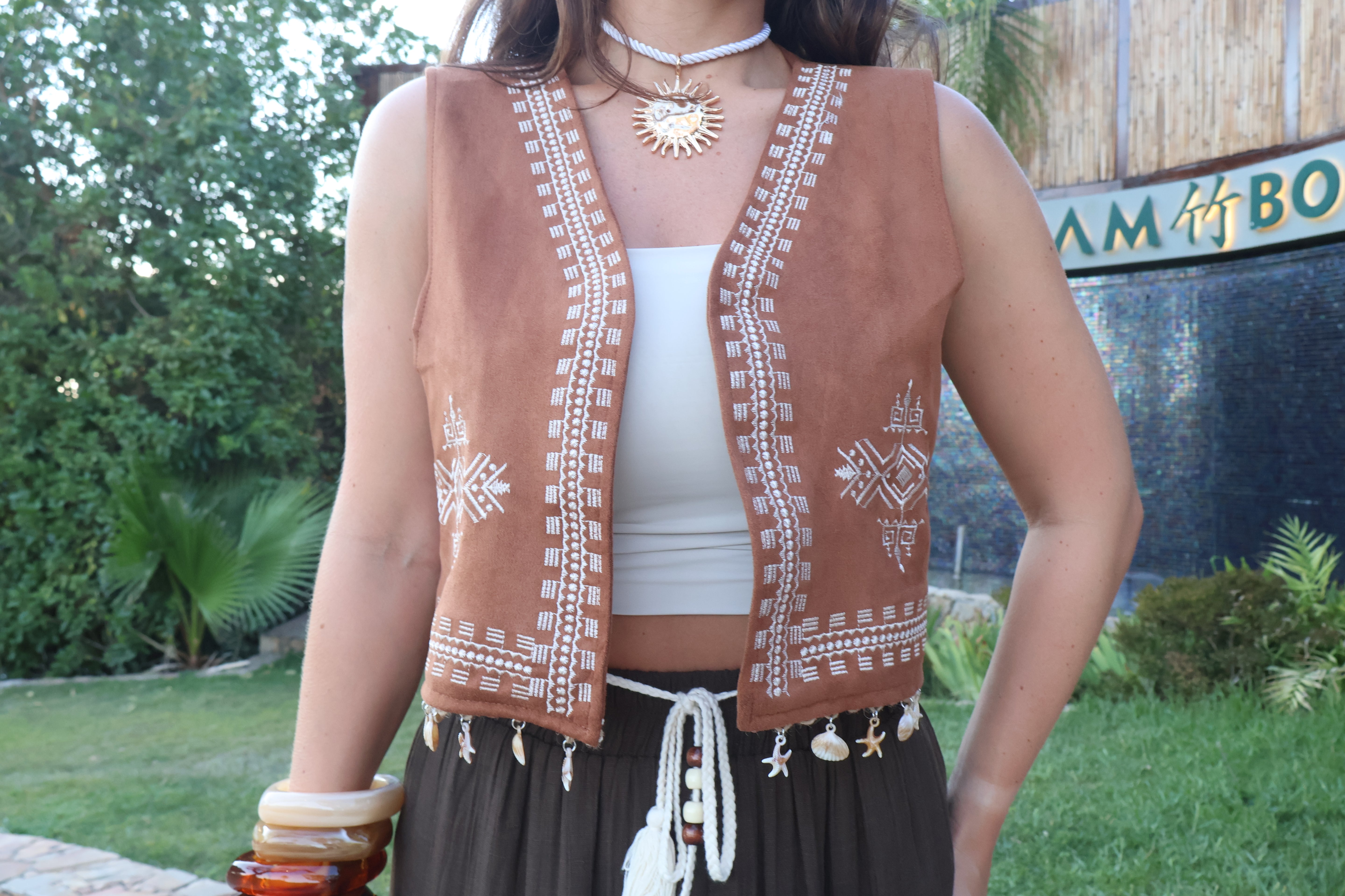 Brown Embroidered Waistcoat With Shell Tassles