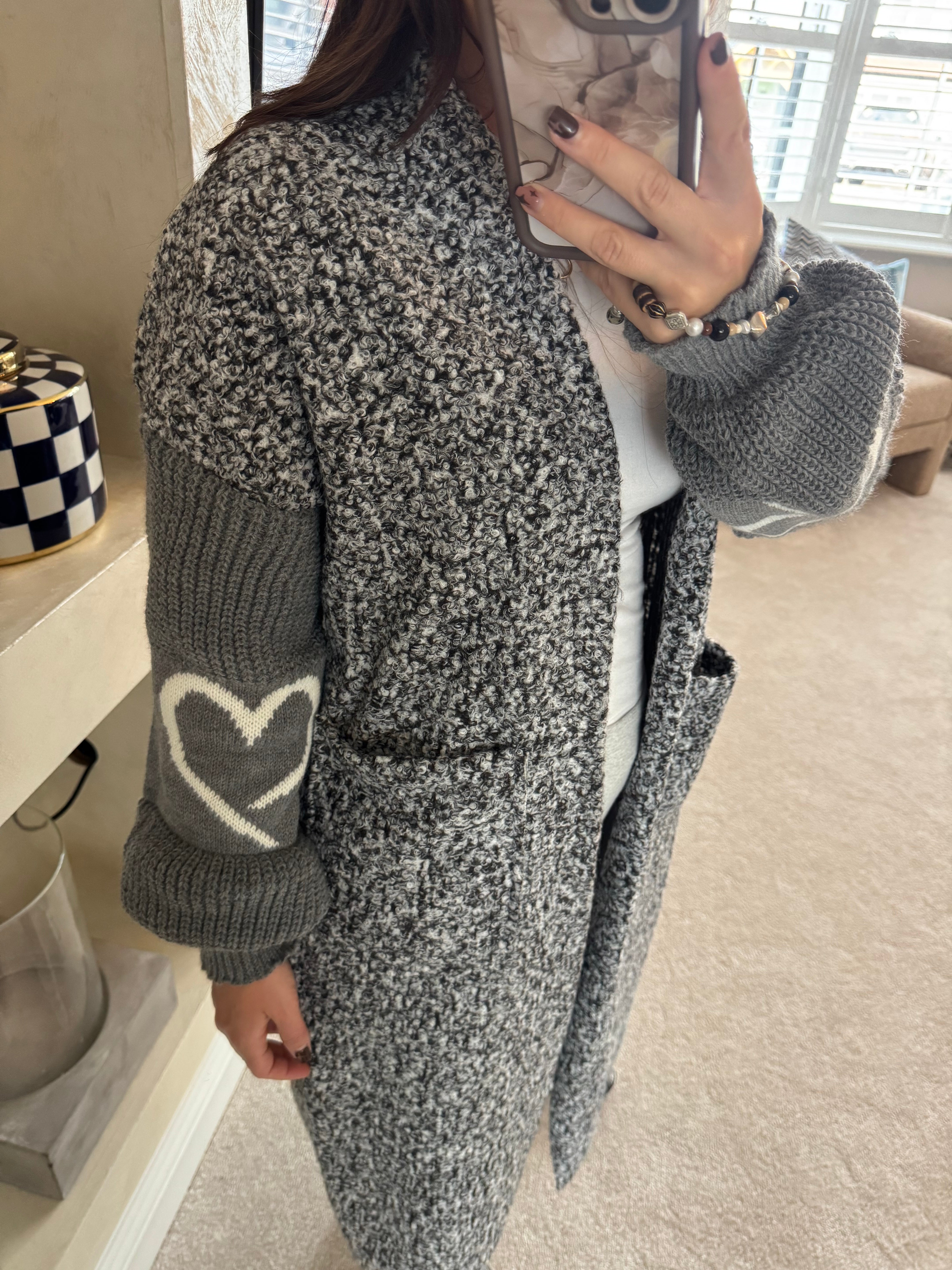 Grey Chunky knit cardigan with heart sleeve detail