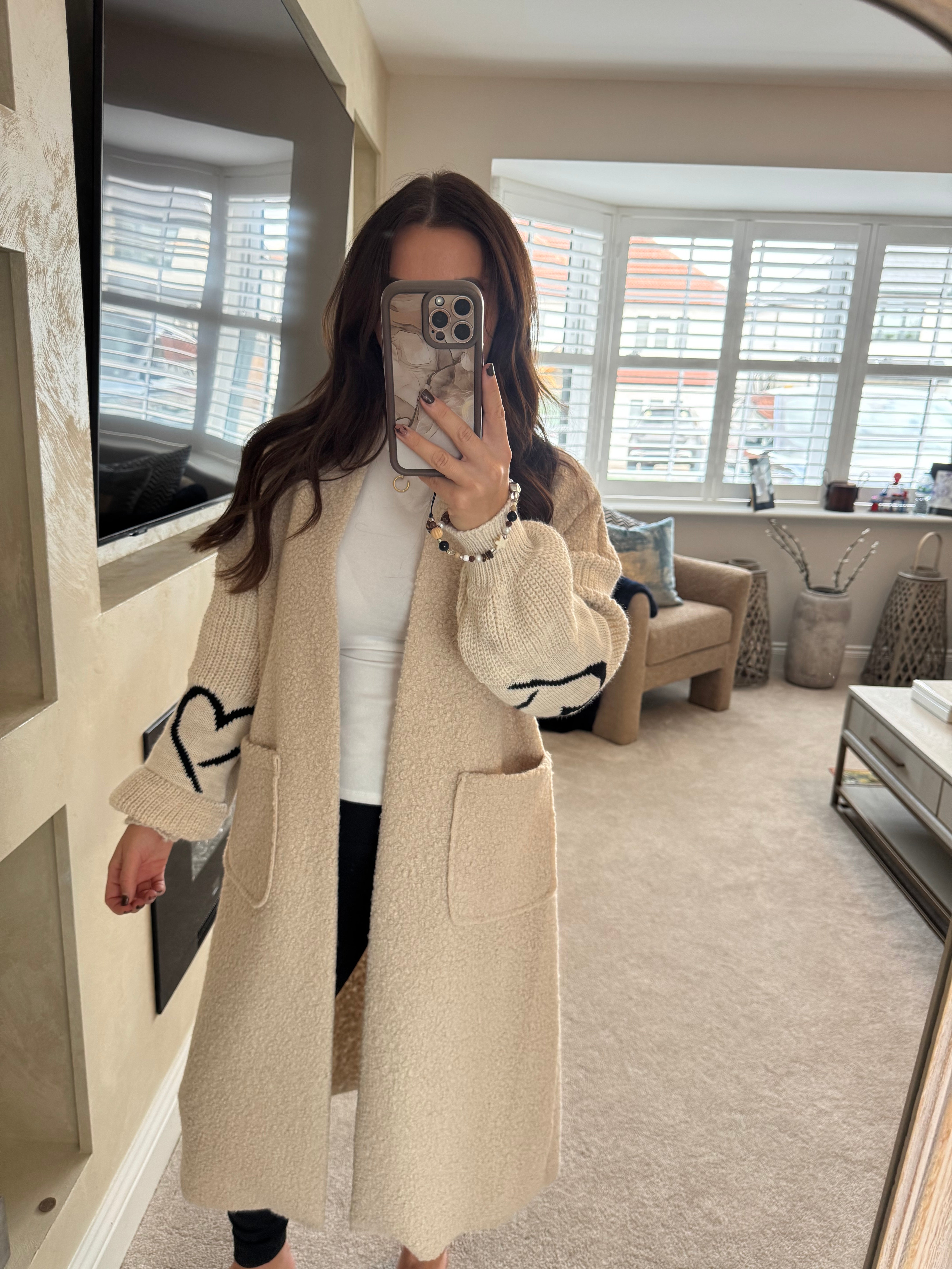 Beige Chunky knit cardigan with heart sleeve detail
