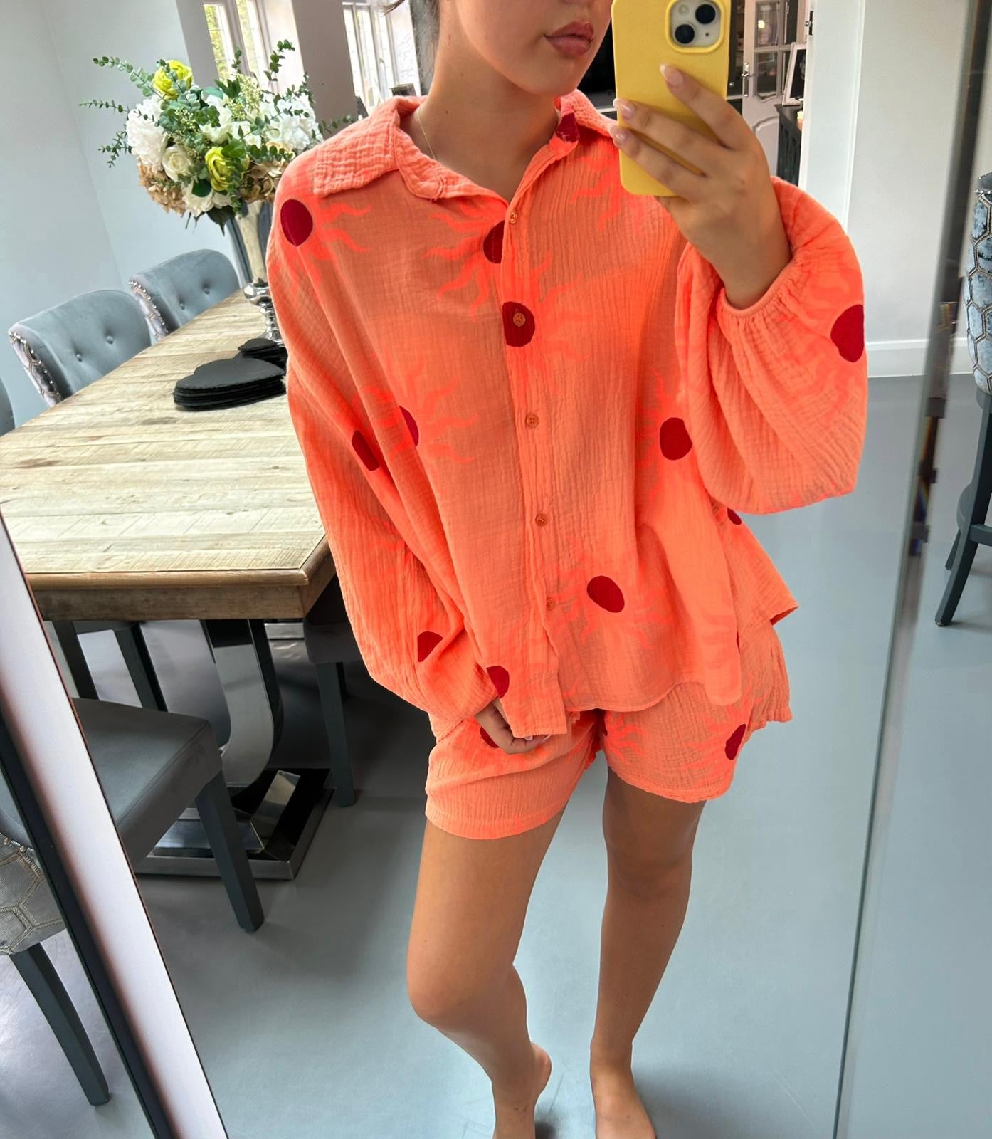 ORANGE & Pink Sun CRINKLE short COTTON CO ORD