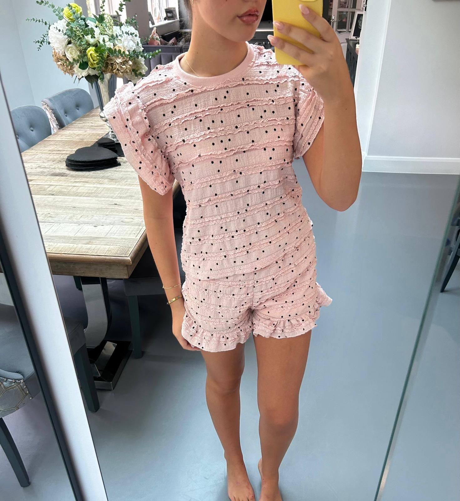 Ruffle Co-Ord Set – Pink & Black Dots