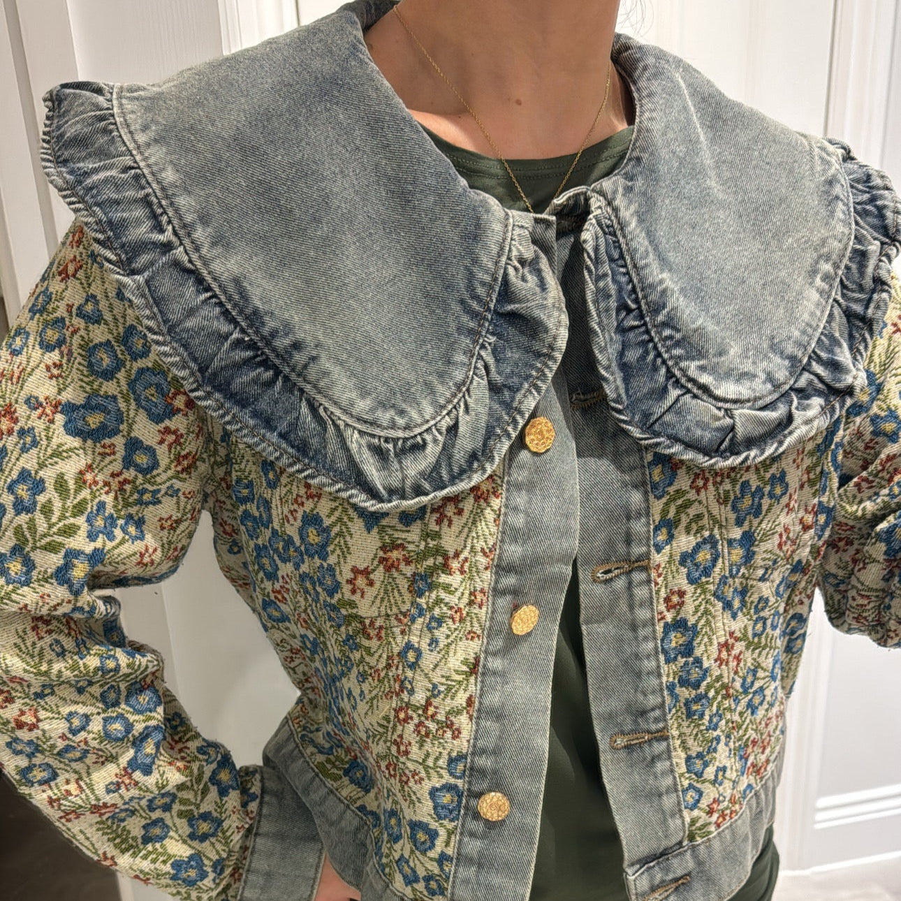 Denim jacket with floral tapestry and frill collar