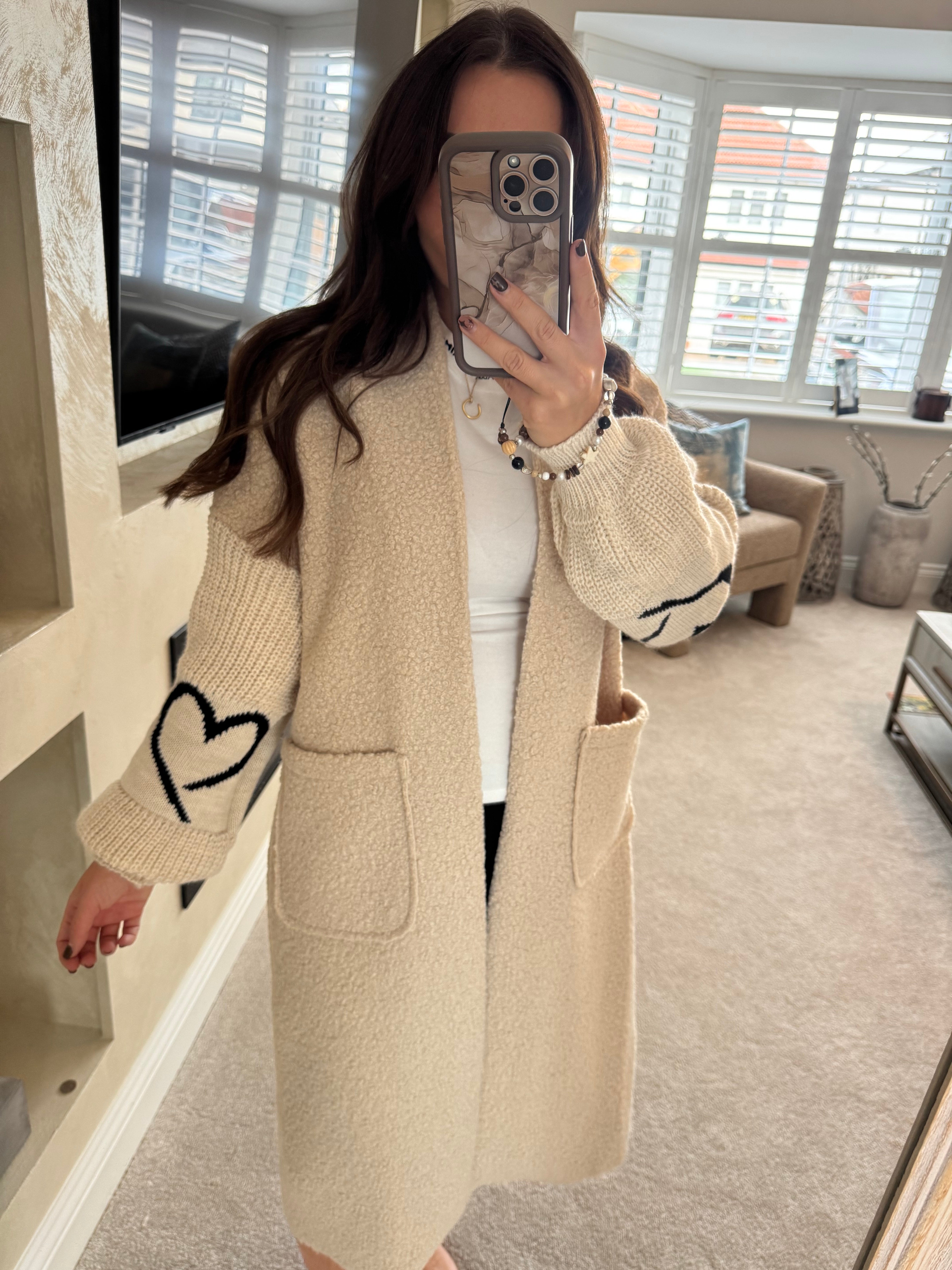 Beige Chunky knit cardigan with heart sleeve detail