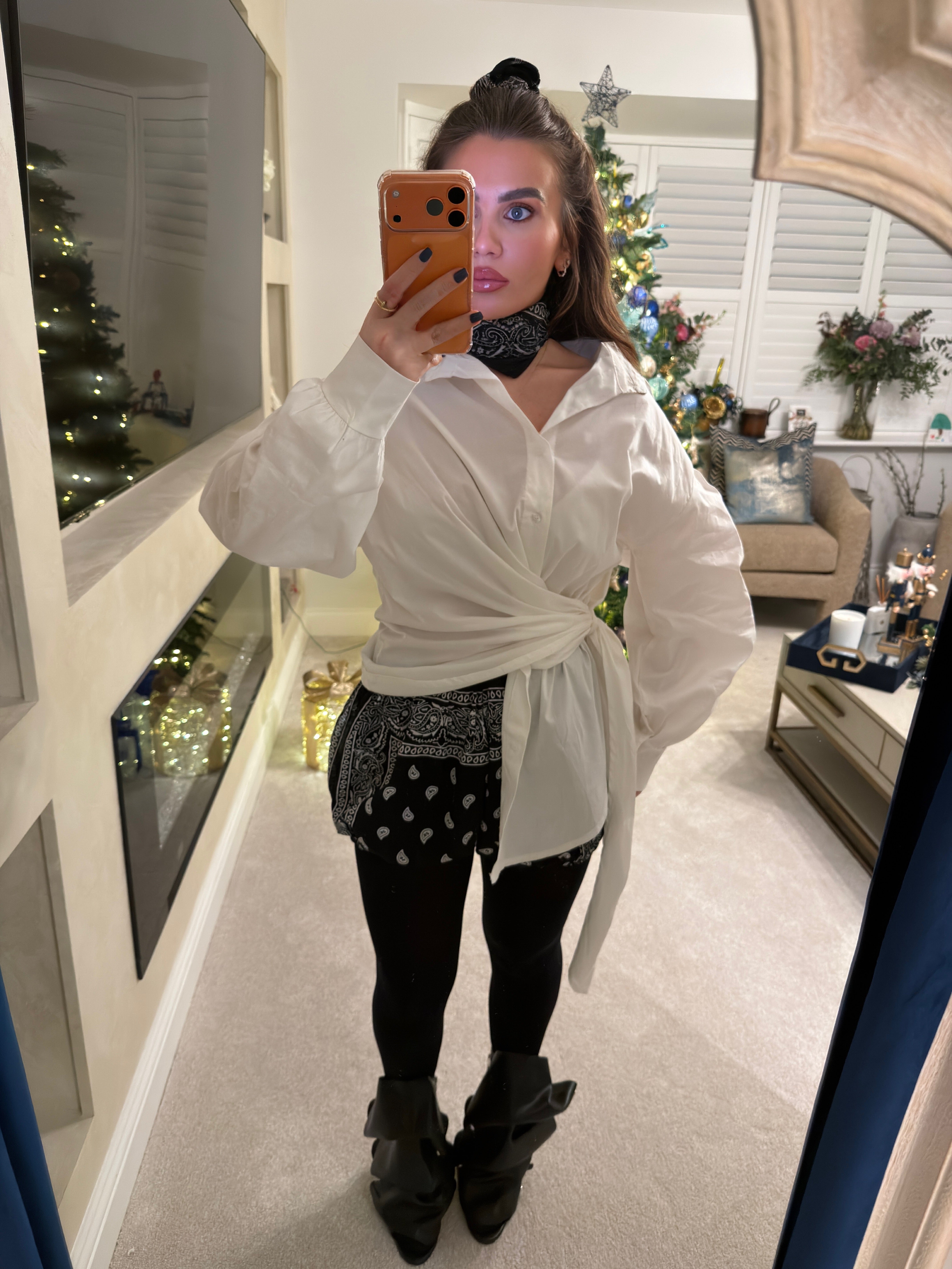 White wrap puff sleeve shirt