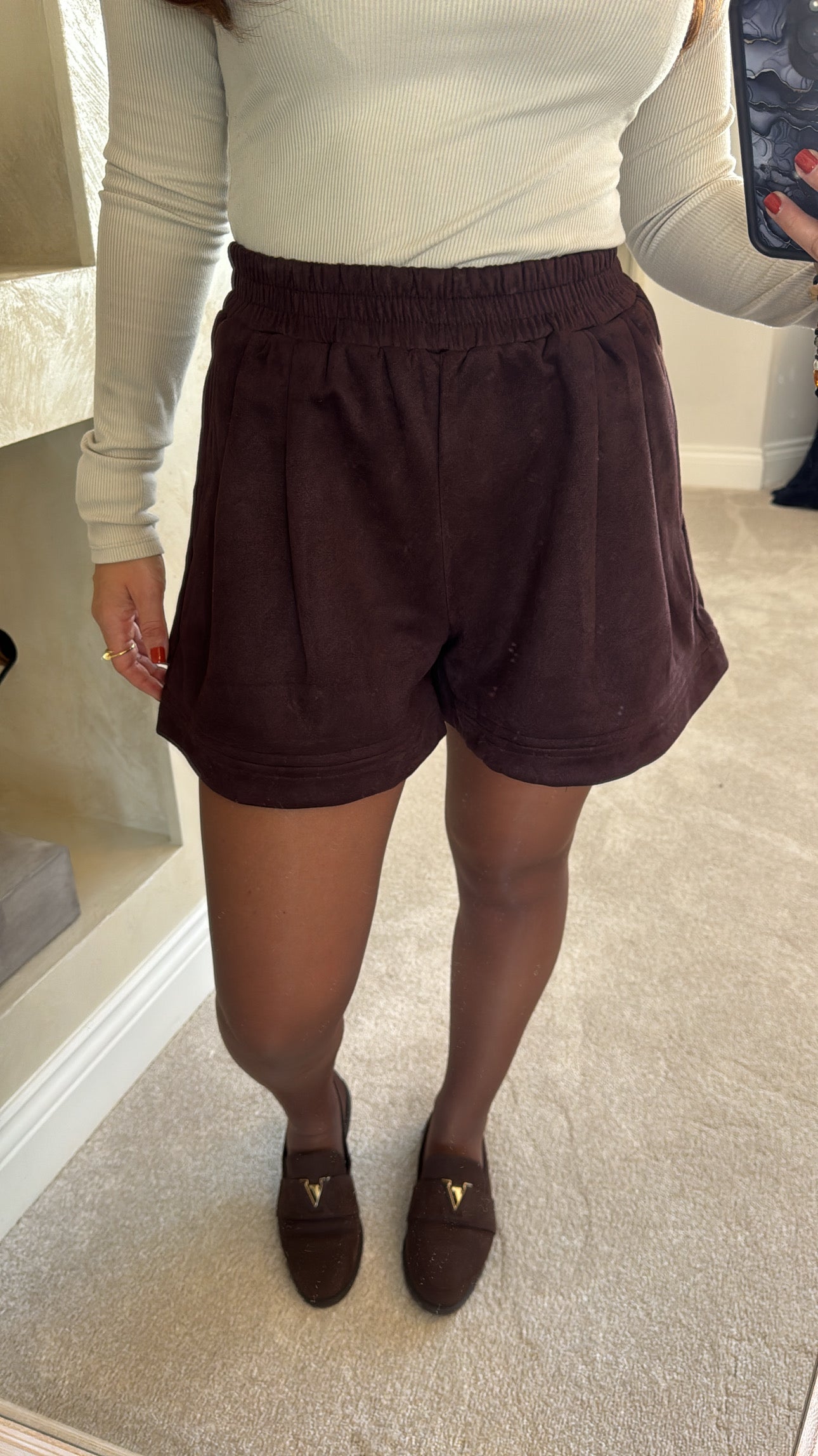 Brown suede runner shorts