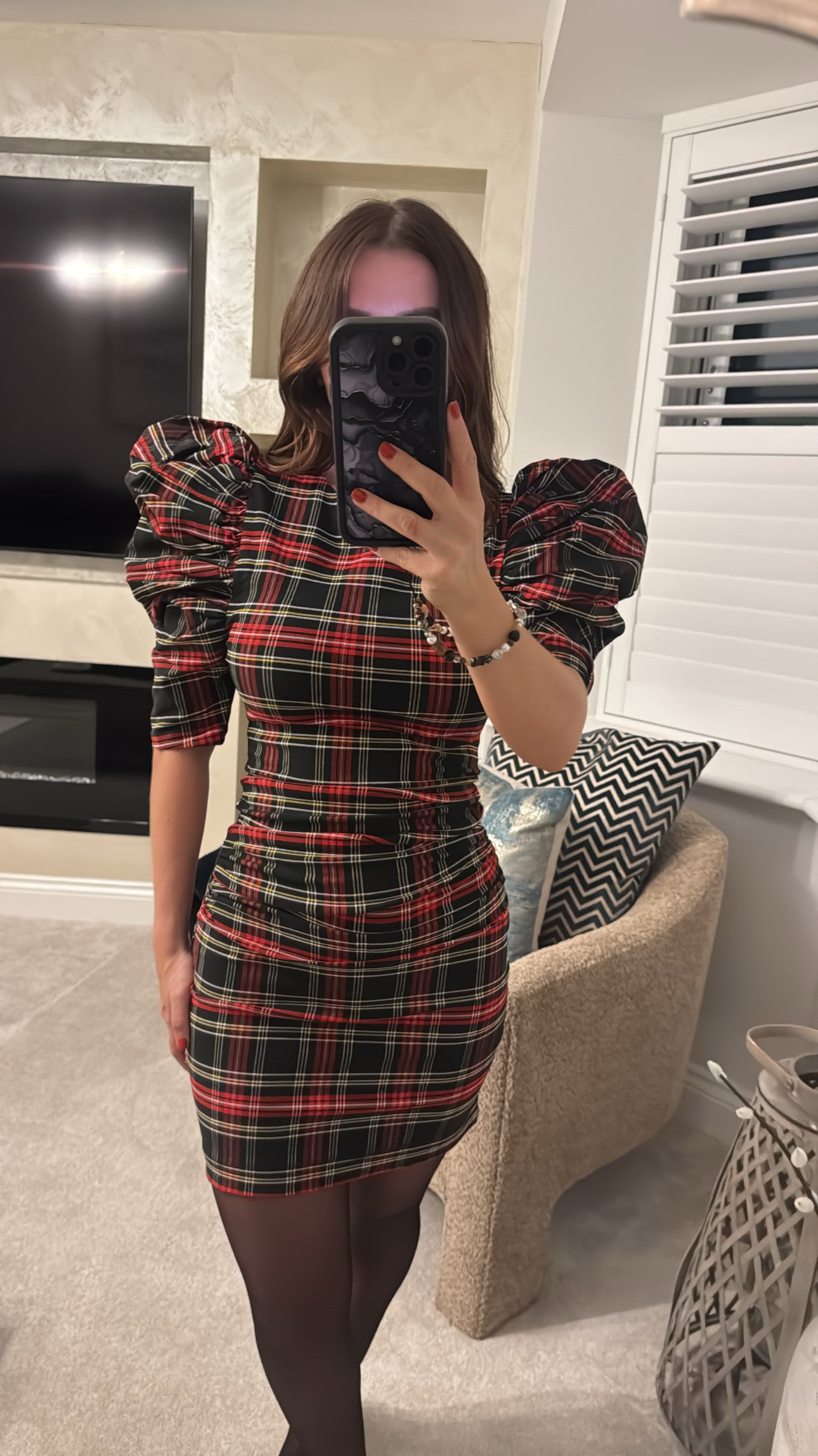 Tartan Puff-Sleeve Bodycon Mini Dress