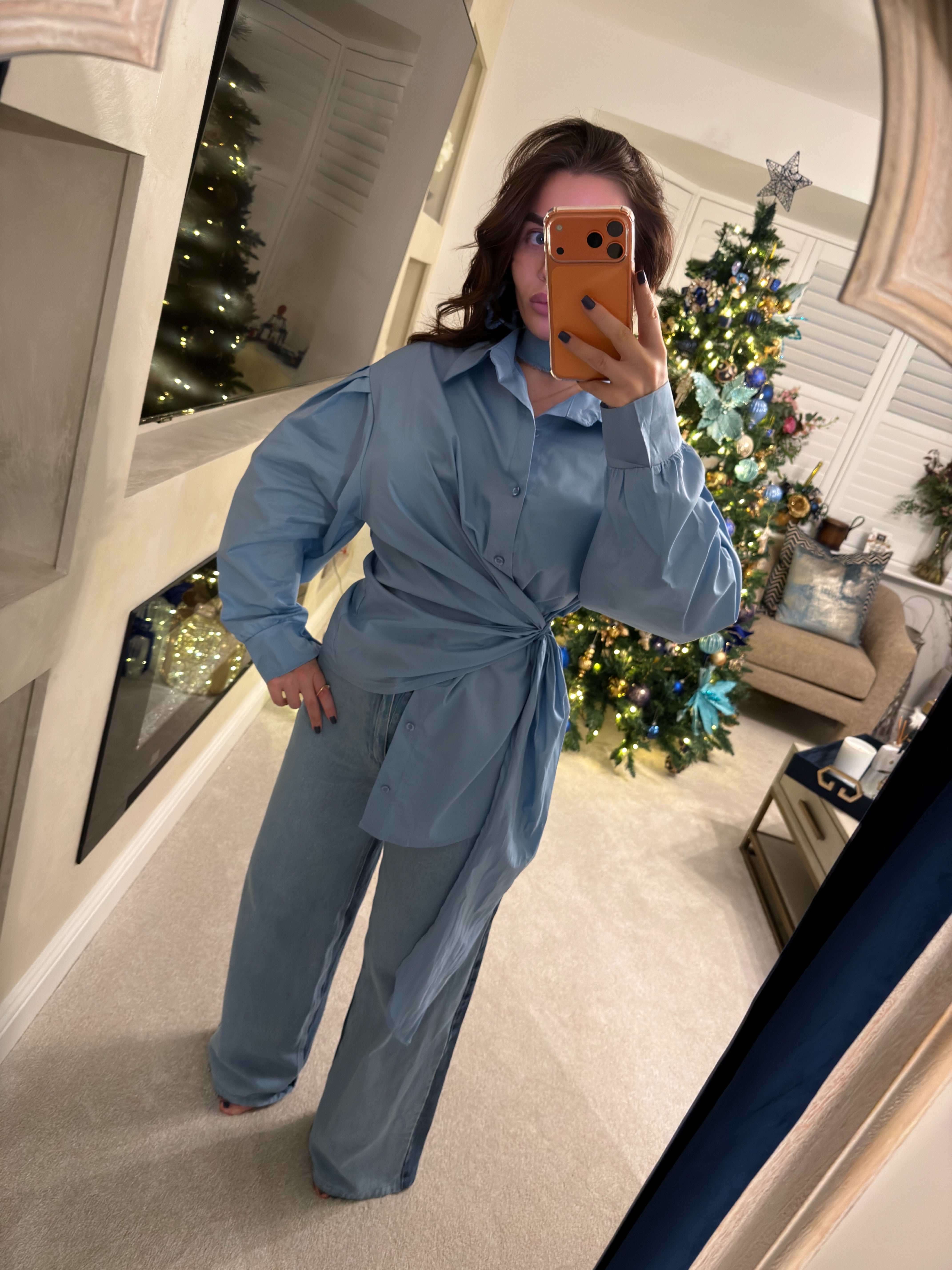 Blue wrap puff sleeve shirt