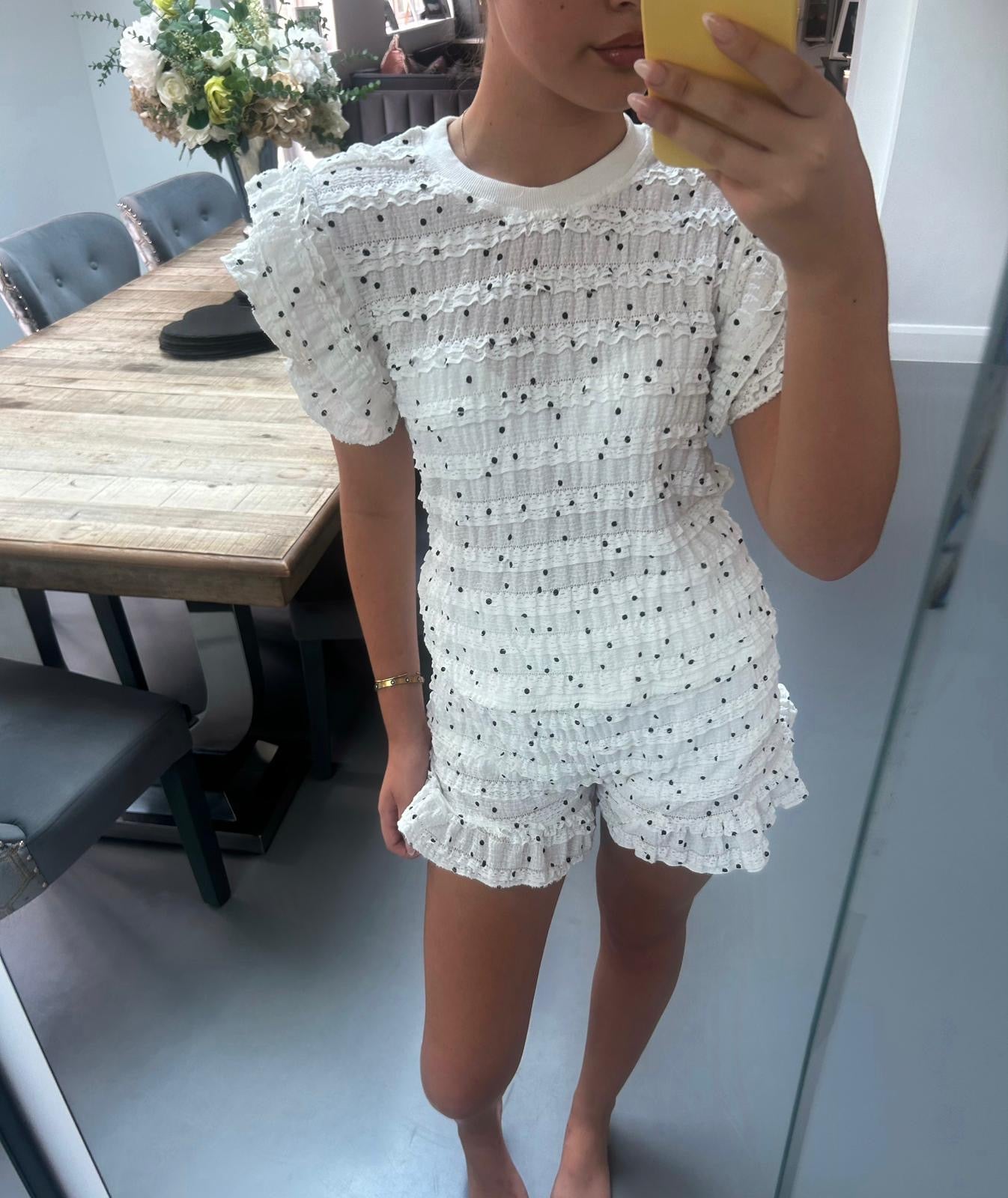 Ruffle Co-Ord Set – White & Black Dots
