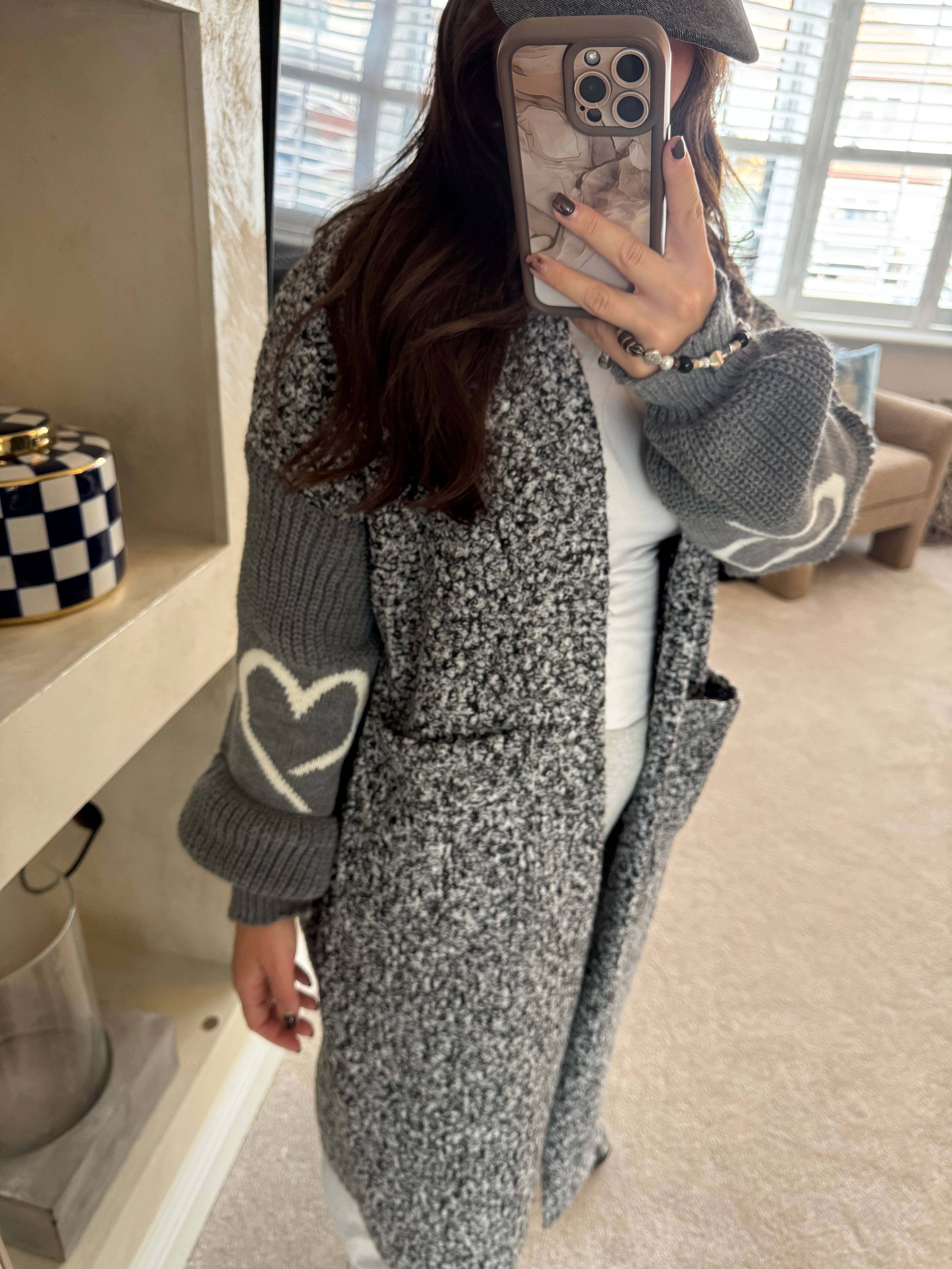 Grey Chunky knit cardigan with heart sleeve detail