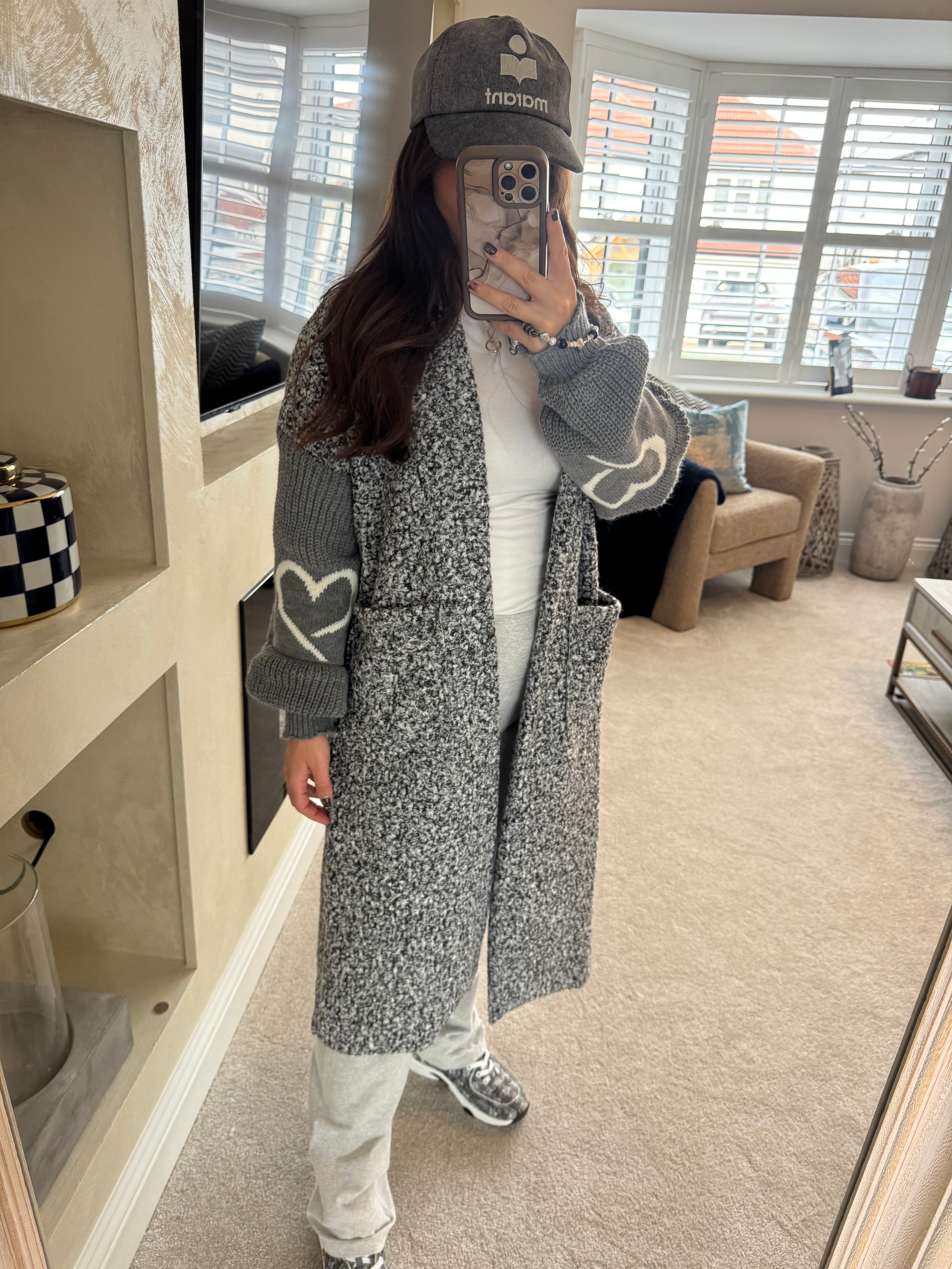 Grey Chunky knit cardigan with heart sleeve detail