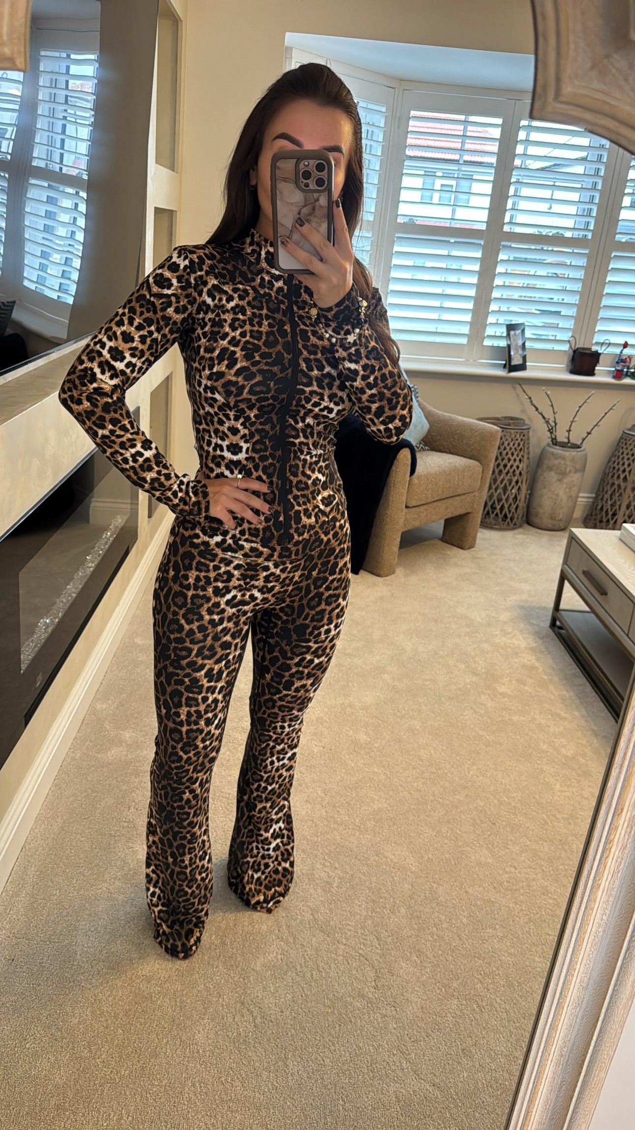 Leopard gym flared ruched bum gym set