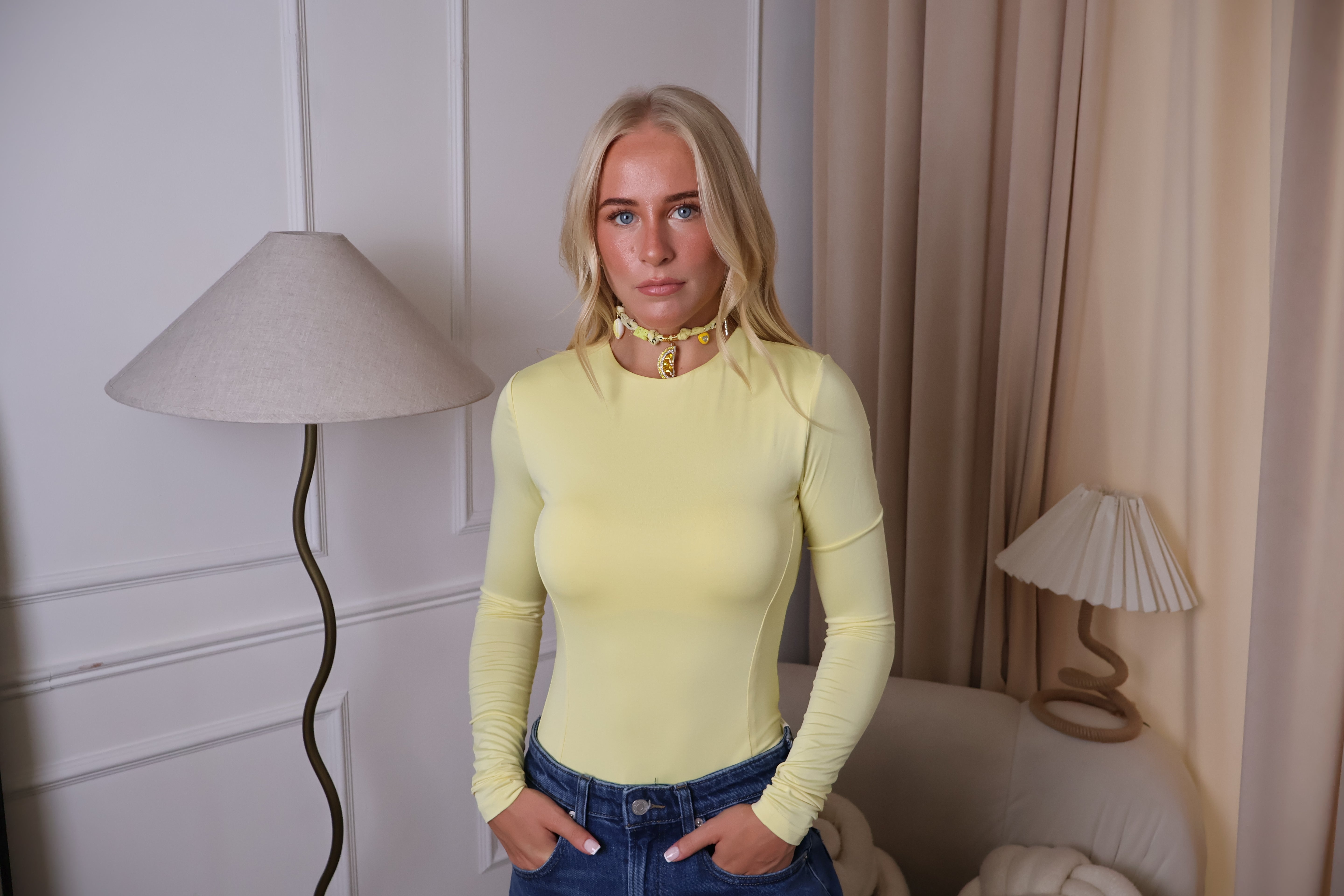 Yellow Round Neck Long Sleeve Bodysuit